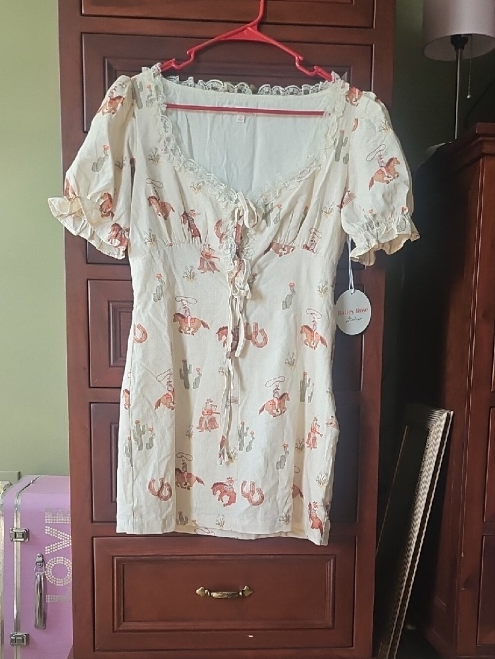 Cream Western-Print Lace-Up Women’s Top